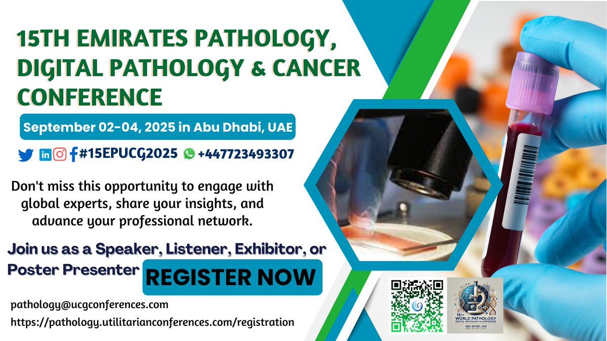 Gaur Priya (@epucgcongress) on Twitter photo Join us as a Speaker, Listener, Exhibitor, or Poster Presenter
15th World Pathology, Digital Pathology & Cancer Conference from Sep 02โ04, 2025, in Abu Dhabi, UAE & Virtual
pathology.utilitarianconferences.com/registration
wa.me/+447723493307
#PathologyEducation #MedicalResearch #PathologyCommunity Join us as a Speaker, Listener, Exhibitor, or Poster Presenter
15th World Pathology, Digital Pathology & Cancer Conference from Sep 02โ04, 2025, in Abu Dhabi, UAE & Virtual
pathology.utilitarianconferences.com/registration
wa.me/+447723493307
#PathologyEducation #MedicalResearch #PathologyCommunity