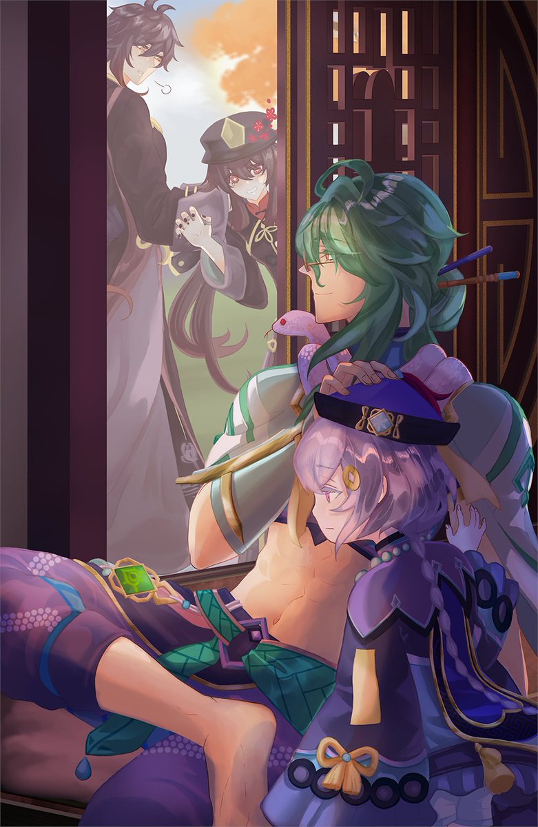 My piece for the Transcending Transience: Baizhu Zine!!
Baizhu and Qiqi just chilling but Miss Mischief found them and the consultant of the Funeral Parlor has to drag her away
🐍: don't worry Qiqi, you're safe. 
🔶: Director, it's time to return to the Funeral Parlor
#baizhu