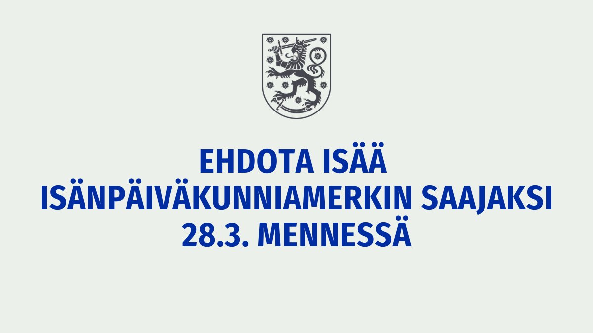 Tasavallan presidentti <a href="/alexstubb/">Alexander Stubb</a> jakaa ensimmäistä kertaa isille valtiollisen kunniamerkin,
jota ansioituneille äideille on pitkään jaettu.

Ehdota kunniamerkin saajaa viimeistään 28. maaliskuuta:

🔗avi.fi/tiedote/-/tied…