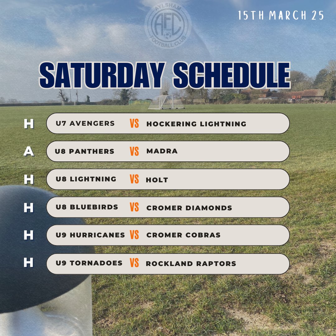 aylsham_fc's tweet photo. 🌷Saturday Youth Schedule 🌷

Spring is in the air and the weather can’t make up its mind. But what we do know is there’s lots more football action this Saturday !!

👀Look out for:
U13 EJA Semi- Final Plate Match🚘
U13 Vixens Semi- Final Plate Match🏡
U14 Girls Semi-Final Cup 🏡 https://t.co/RFaNtHYuWT