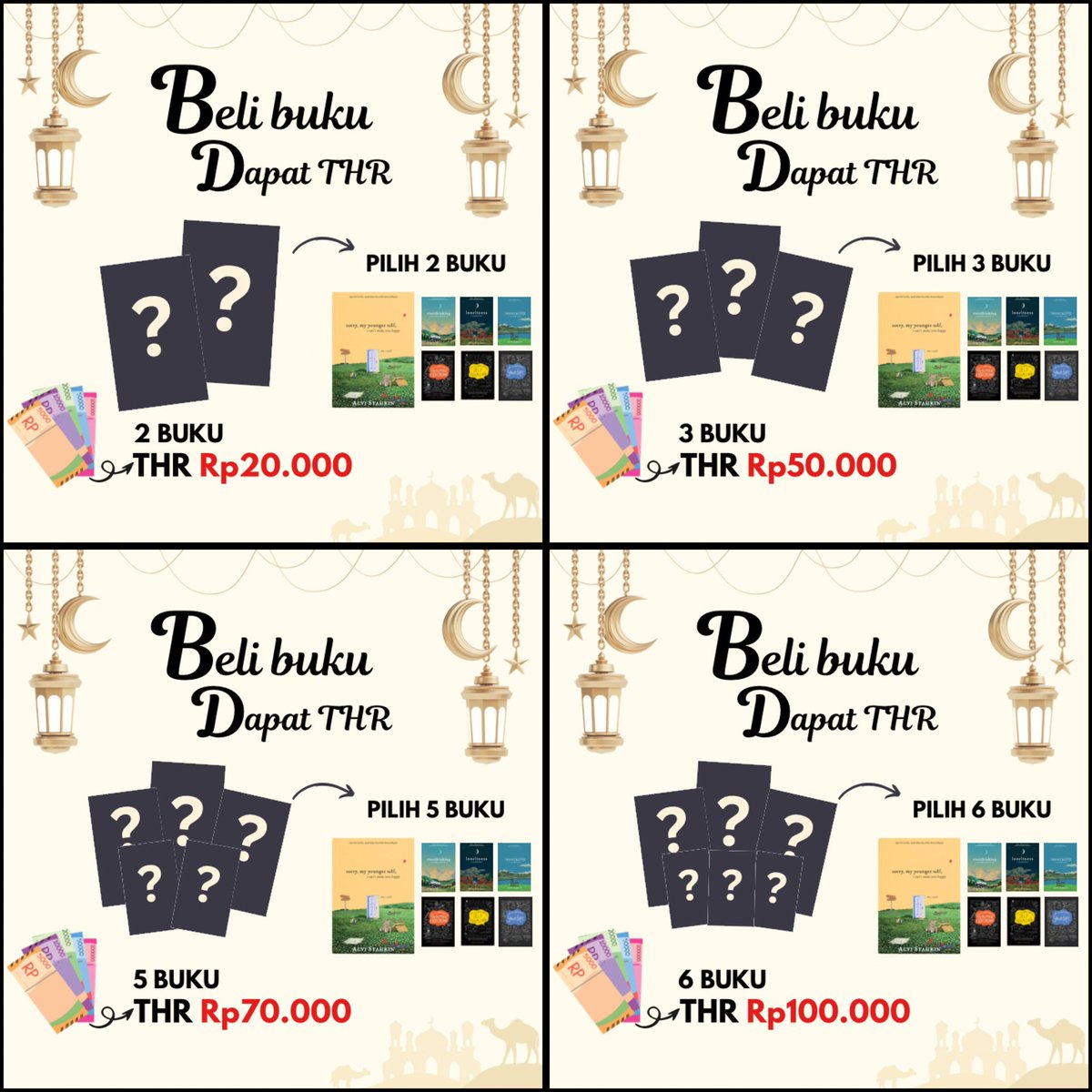 BAGI-BAGI DUIT THR 💸💸

Beli 2 buku: Dapat 20.000
Beli 3 buku: Dapat 50.000
Beli 5 buku: Dapat 70.000
Beli 6 buku: Dapat 100.000 😍

BEBAS PILIH JUDUL (sesuai yang di gambar yaa). Kapan lagiii beli buku dapat thr lebaran.

Sini, ya: s.shopee.co.id/3q8y85vpZu