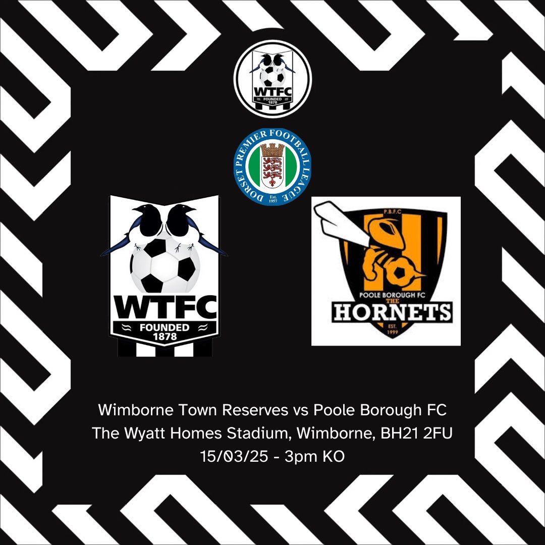 Wimborne Town FC Reserves (@wtfcres1878) on Twitter photo TOMORROW:
We are back in action facing <a href="/PooleBorough_FC/">Poole Borough</a> at home.
π Poole Borough FC
β½οΈ <a href="/DPL_official/">Dorset Premier Football League</a>
ποΈ The Wyatt Homes Stadium
πBH21 2FU
ποΈ15.03.2025
β°3pm KO
#upthemagpies π₯§ TOMORROW:
We are back in action facing <a href="/PooleBorough_FC/">Poole Borough</a> at home.
π Poole Borough FC
β½οΈ <a href="/DPL_official/">Dorset Premier Football League</a>
ποΈ The Wyatt Homes Stadium
πBH21 2FU
ποΈ15.03.2025
β°3pm KO
#upthemagpies π₯§