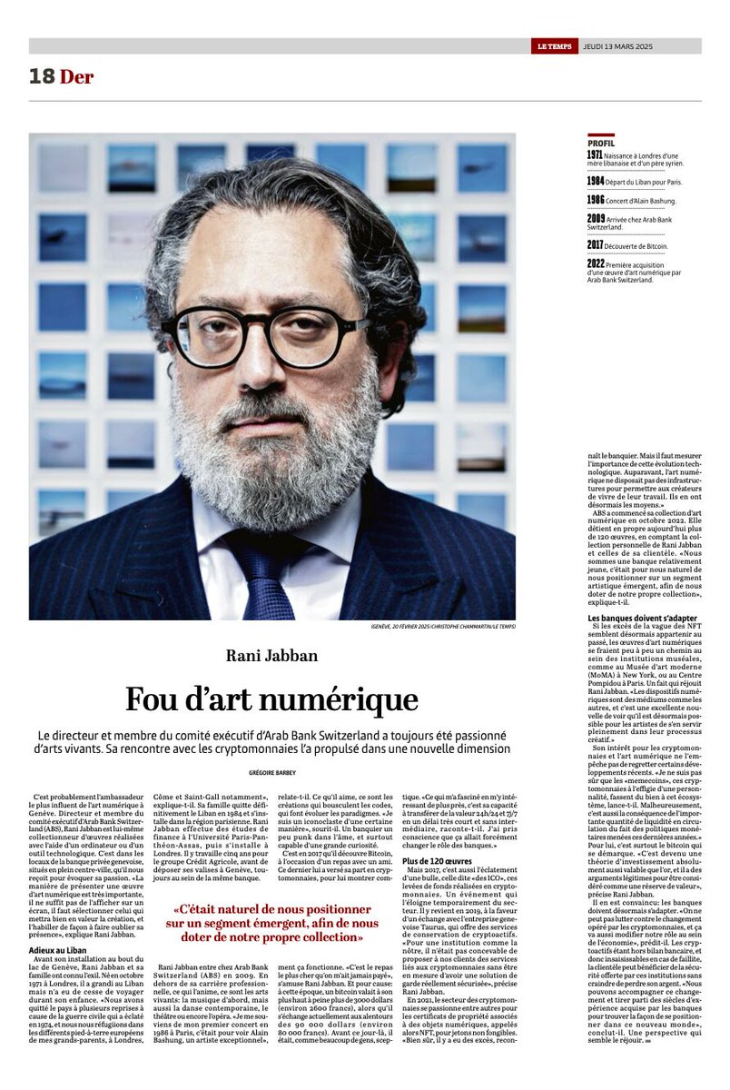 💬 “We are a relatively young bank, it was natural for us to position ourselves in an emerging artistic segment in order to build our own collection." <a href="/RaniJabban/">Raj71.eth</a> 

ABS launched its digital art collection in 2022. 

Today, the bank holds in custody more that 120 artworks,