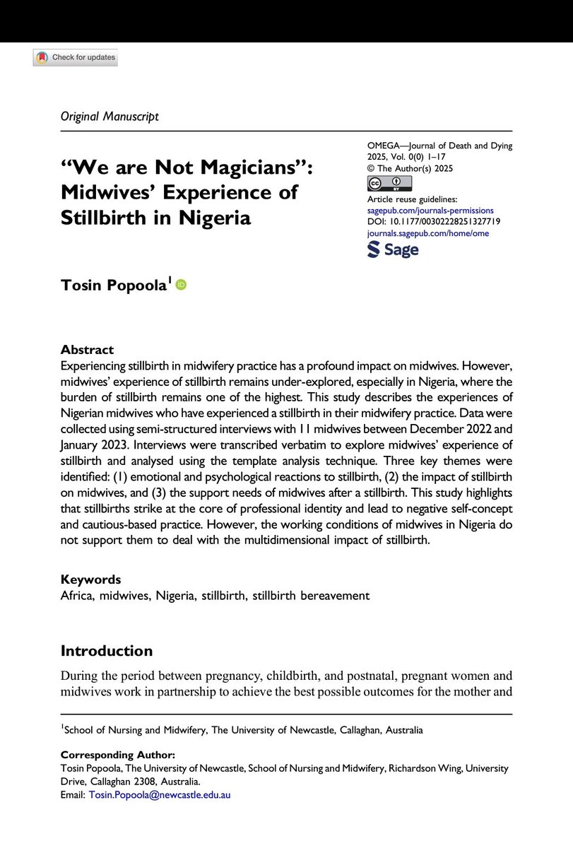 My recent open access paper describes Nigerian midwives' experience of stillbirth. The research finds that d conditions in which Nigerian midwives work increase regular exposure to stillbirths but they are not getting d support they need. U can read more:journals.sagepub.com/doi/10.1177/00…
