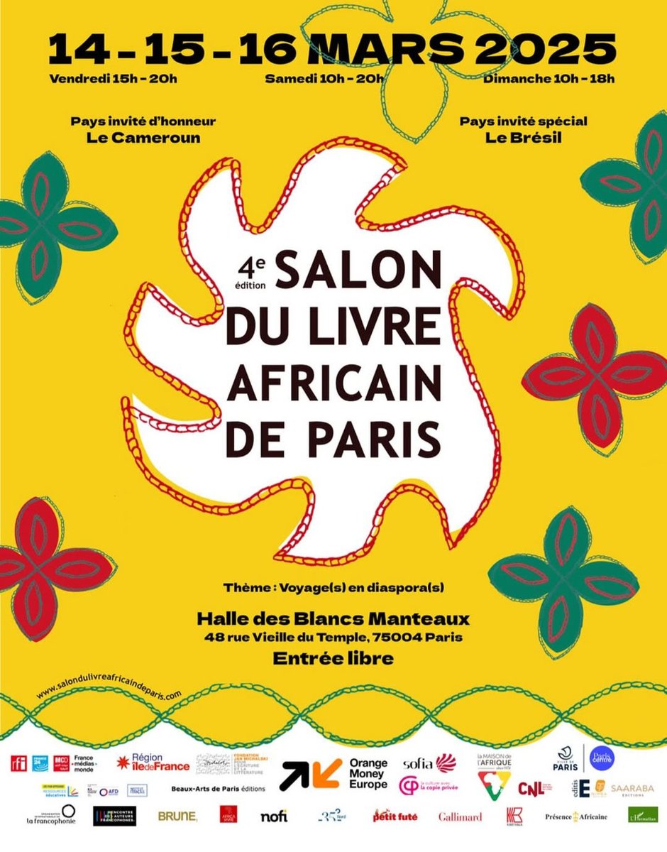 📚Salon du Livre Africain🌍

Orange est partenaire de cet évènement culturel qui se tiendra : 
📆 du 14 au 16 mars
📌 à la Halle des Blancs Manteaux à <a href="/Paris/">Paris</a>

Venez rencontrer les équipes <a href="/OrangeIDF/">Orange Île-de-France</a> et OrangeMoney.fr sur notre stand.

Plus d'infos