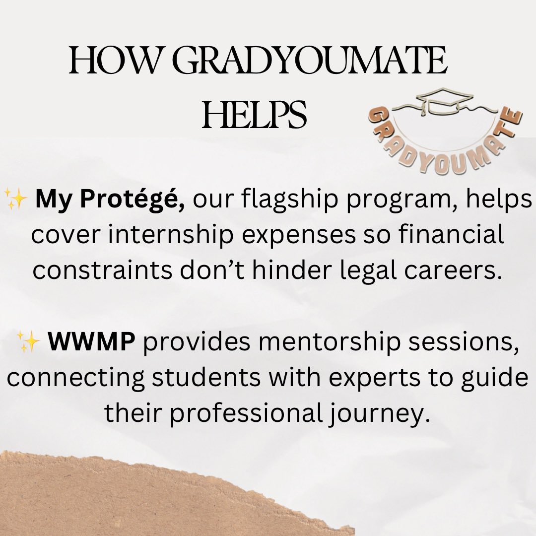 gradyoumate1's tweet photo. 📢 Internships: Necessity or Privilege? ⚖️

✨ Internships should be a right, not a privilege! ✨
At @gradyoumate1, we’re working to bridge this gap through:
✅ Financial aid for students pursuing internships
✅ Connecting law students with many paid opportunities
✅ Mentorship https://t.co/7oKaV8tsqS