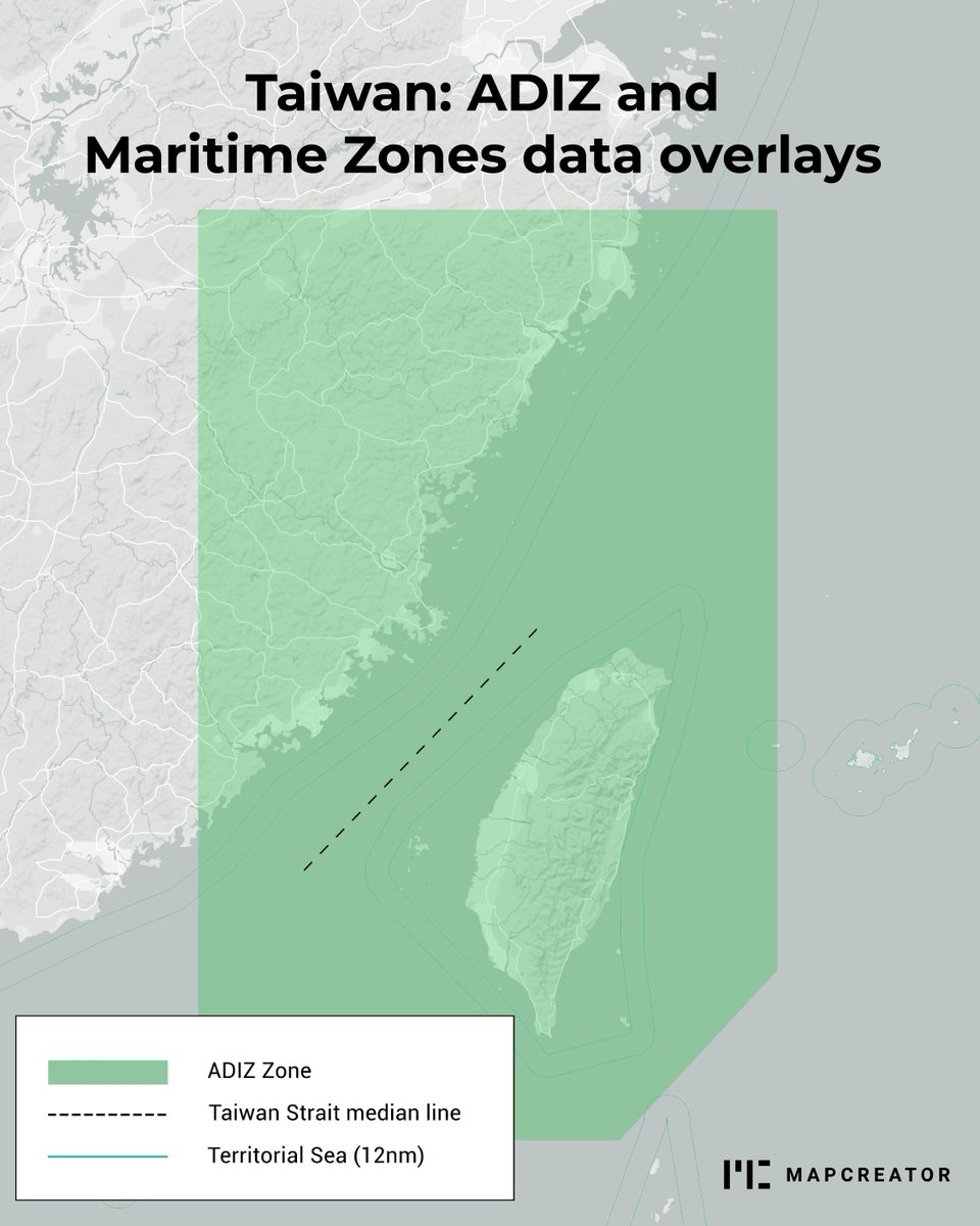 mapcreator_io's tweet image. Use Mapcreator for reliable mapping data with #ADIZ with the median line and maritime zones based on #UNCLOS. These overlays serve as a useful reference to the region’s geography in relation to #Taiwan. Open this map in #Mapcreator Next:  hubs.ly/Q03bK_xw0