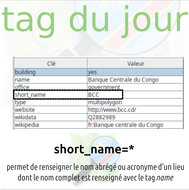 Dans #OpenStreetMap, le tag name sert à nommer un lieu cartographié, sans utiliser d'abréviation. Là où c'est pertinent, les noms raccourcis, abrégés, ou les acronymes sont à indiquer en short_name. #osmtag