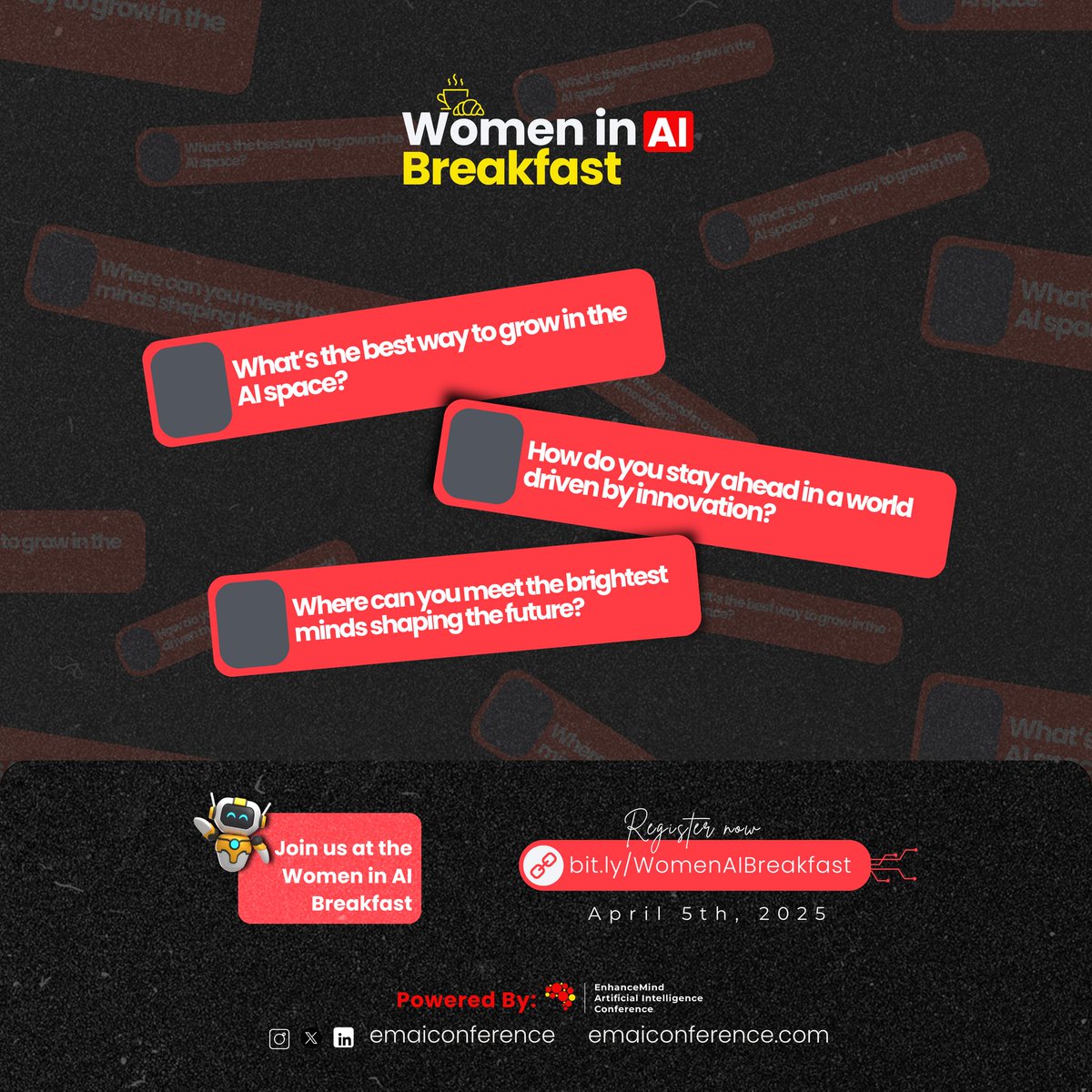 Calling all Women in AI! 

Registration is still open for the Women in AI Breakfast happening 5th of April 2025. 

Secure your spot now at: bit.ly/WomenAIBreakfa…

Don't miss this chance to connect, inspire, and lead the future of AI! Secure your spot now! #WomenInAI #EMAI2025