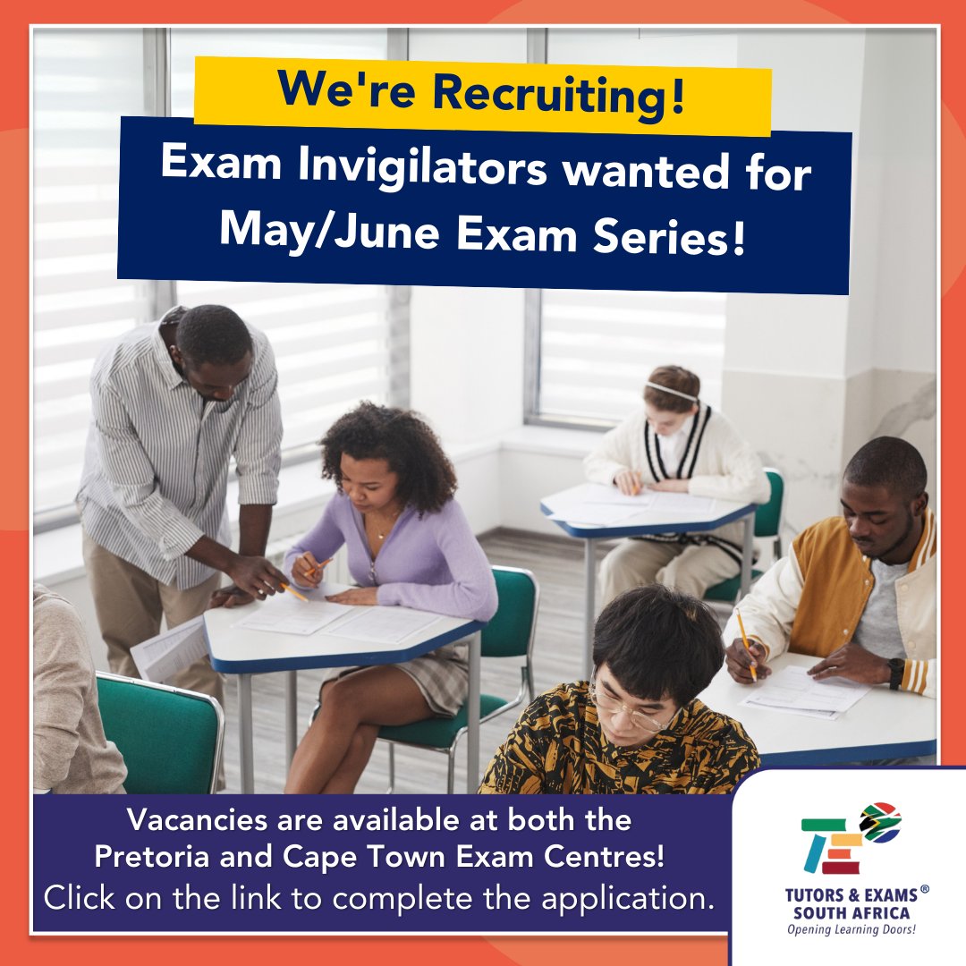 Tutors_Exams_SA's tweet image. Join our team as an Invigilator in either Pretoria or Cape Town!

We&apos;re hiring Invigilators at both our Pretoria and Cape Town Exam Centres.

Interested? Complete the online application form via the link below shorturl.at/puu5t. Let&apos;s connect!

#TutorsAndExams #Invigilator