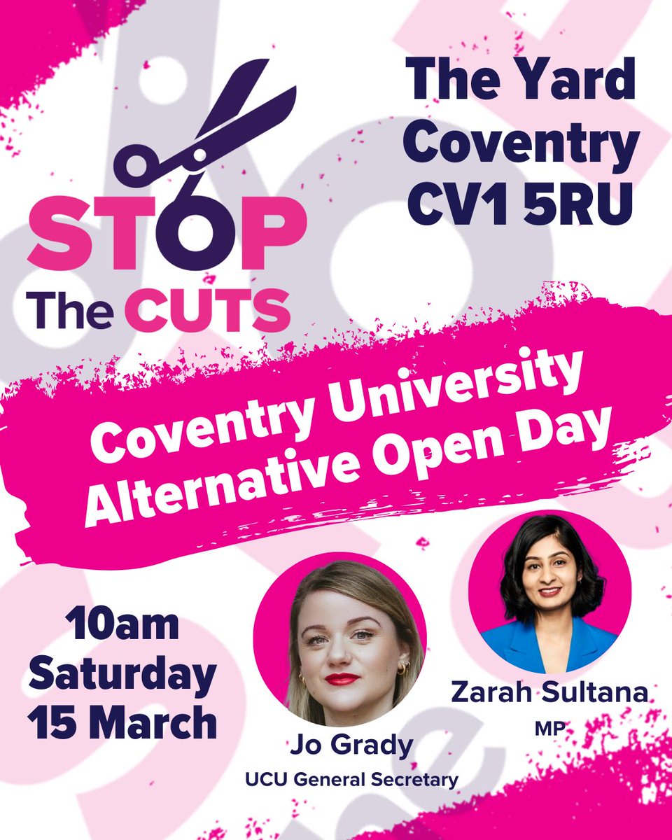 Join <a href="/coventryucu/">CoventryUCU</a> this Saturday for the Alternative Open Day ✊

Staff &amp; students unite to protest disgusting fire and rehire tactics 💪

Poetry 🎭 Art 🎨 Speakers 🎤

<a href="/DrJoGrady/">Jo Grady</a> <a href="/zarahsultana/">Zarah Sultana MP</a> 

Experience the REAL Coventry University 👇