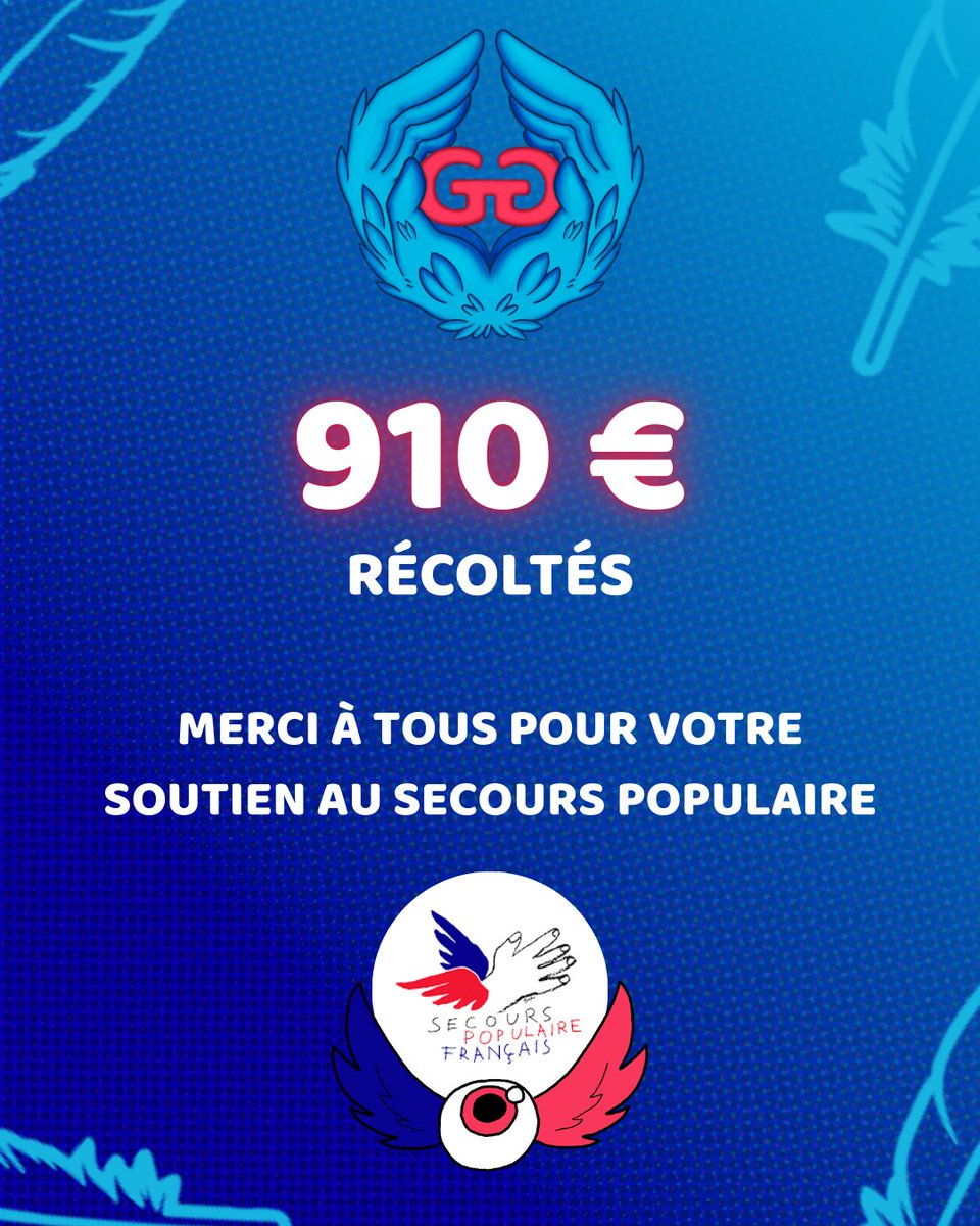 Un immense merci à toutes et à tous pour votre générosité et votre soutien lors de notre stream caritatif ! Grâce à vous, nous avons récolté 910€ pour le Secours Populaire ! Ensemble, on a fait une vraie différence ! 💙 #Solidarité #Merci #StreamCaritatif