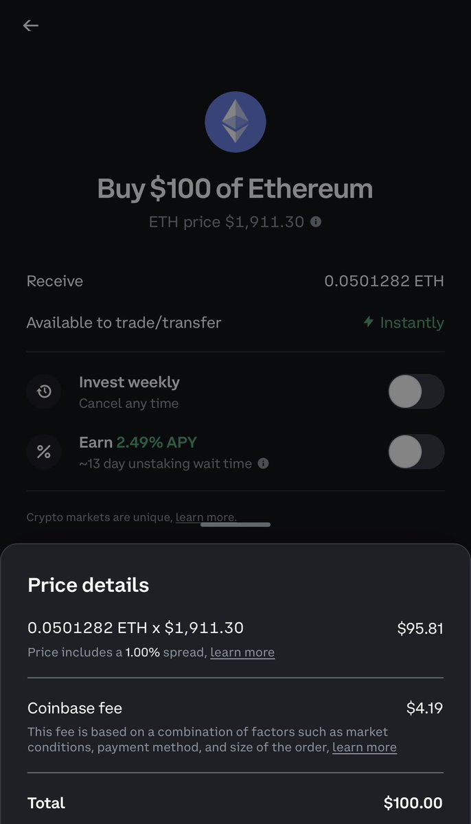 Buying $100 worth of ETH on Figure Markets vs. one of the top exchanges:

Notice the benefits? You get exact quotes and minimal fees on FM. Try us out and receive $50 with your first trade ⤵️