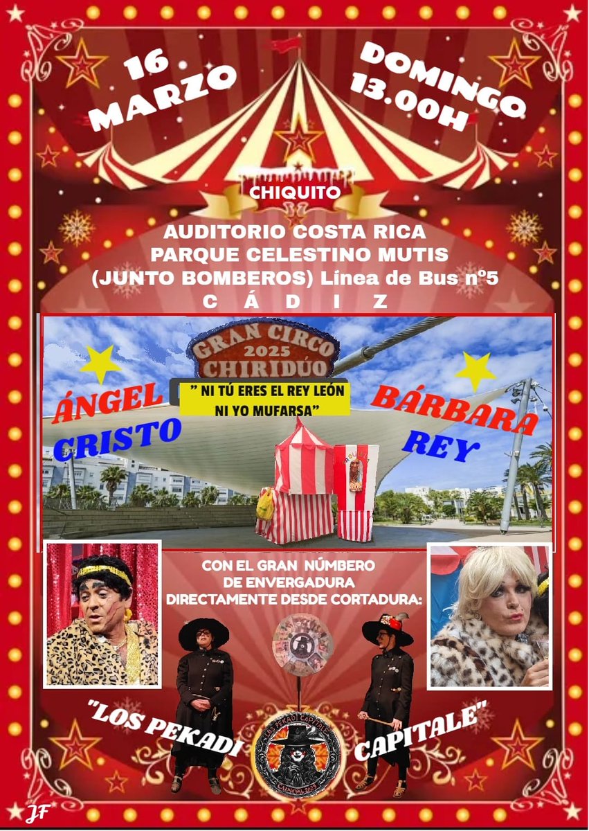ATENCIÓN  GRAN NOTICIA!

GRAN CIRCO CHIRIDÚO 
tendrá su FUNCIÓN ESPECIAL el  DOMINGO CHIQUITO  16 DE MARZO 13.00h AUDITORIO COSTA RICA PARQUE CELESTINO MUTIS(Junto Parque de Bomberos, bus 5)
" NI TÚ ERES EL REY LEÓN, NI YO MUFARSA".