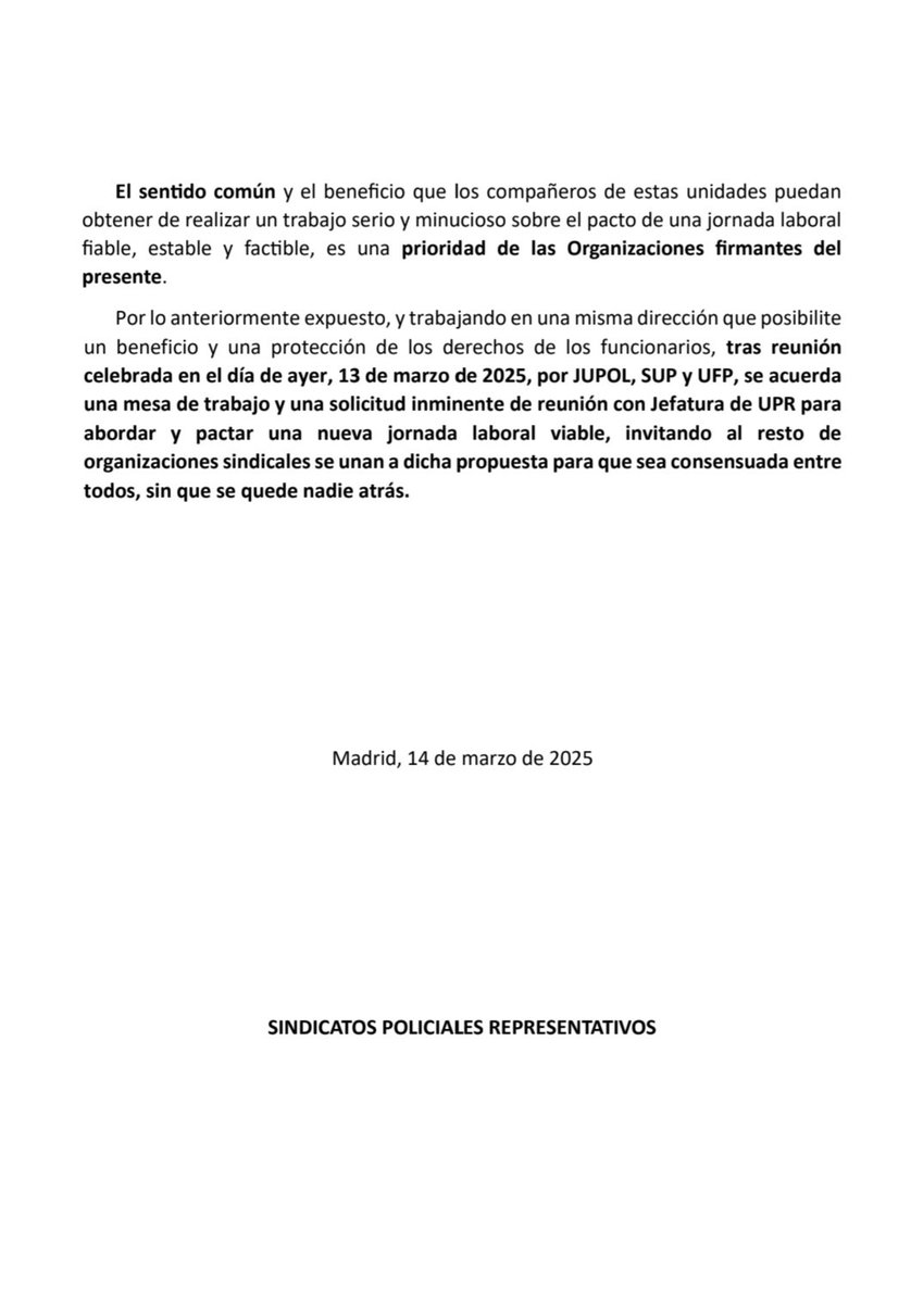 🚔🔵 UNIDAD DE ACCIÓN - JORNADA UPR/DÍA 🔵🚔

SUP, JUPOL y UFP rechazan la propuesta unilateral de cambio de jornada en UPR por ser inviable y generar un déficit de 360h/año. Se acuerda crear una mesa de trabajo y pedir reunión con Jefatura para pactar una jornada estable y justa