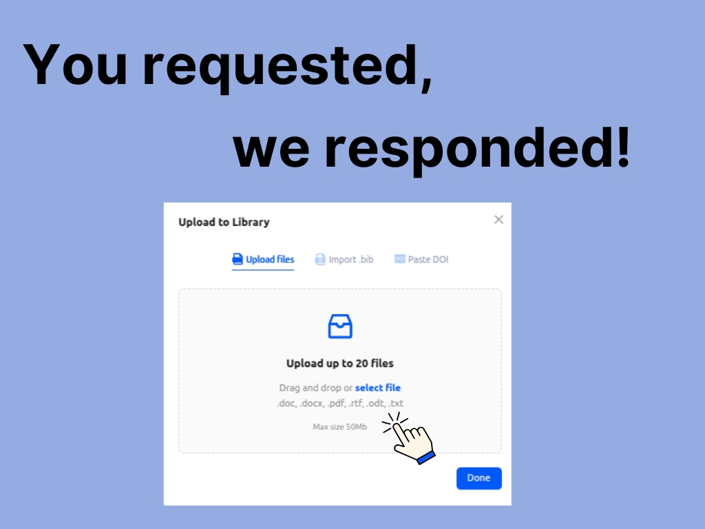 texteroai's tweet image. You asked, we made it happen!

We’ve recently gotten a lot of requests to add more formats for uploading sources. Well, it’s finally here!

No need to convert files anymore—now you can upload .doc, .docx, .rtf, .odt, .pdf, and .txt files. In a word: flexibility🙌