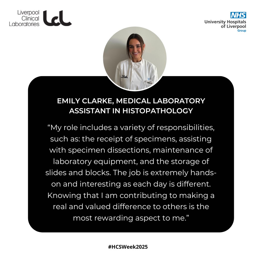 Day five of #HCSWeek2025! Our next spotlight is on Emily Clarke, a Medical Laboratory Assistant in our Histopathology department 🥼💙 (1/3)

More👇
