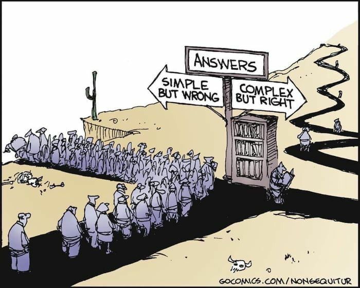 Amid the seeming retreat of sustainability, democracy, and decency, I am reminded of this cartoon...
We can appreciate how emotionally and cognitively comforting the simple but wrong answer can feel. Our podcast aims to get you to complex but right: open.spotify.com/show/23l6ry8jQ…