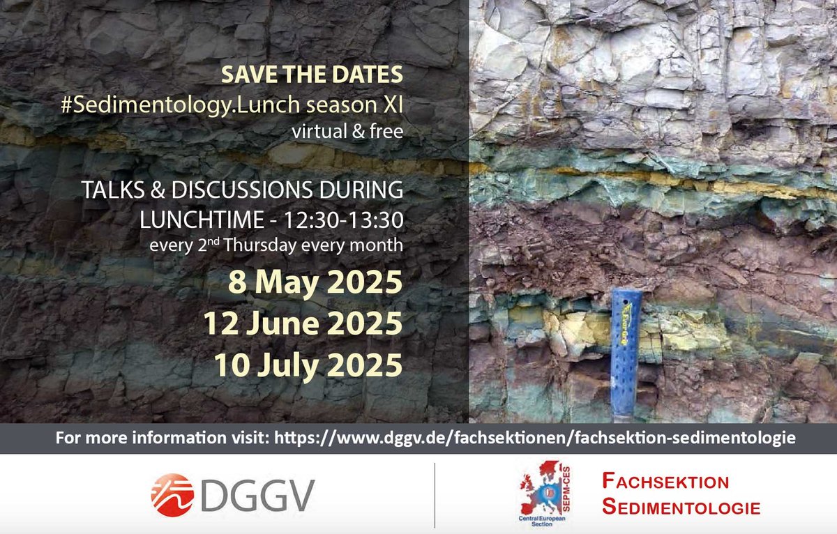 The new season of #Sedimentology.Lunch Talks starts in May!
Talks will cover various topics, such as river dynamics, provenance analysis, the North German Basin…
For information and registration visit dggv.de/bildungsangebo…

#sedimentology #talks #research #topics <a href="/DGGV_de/">DGGV - Deutsche Geologische Gesellschaft - Geol Ve</a>