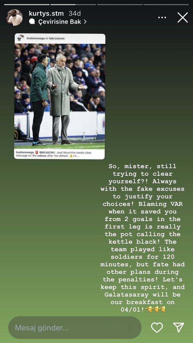 🗣️ Allan Saint Maximin'in abisi:

📲 "Jose hala kendini temize mi çıkarmaya çalışıyorsun? İlk maçta seni 2 golden kurtaran VAR'ı suçluyorsun. Takım 120 dakika asker gibi mücadele etti. Bu ruhu koruyalım ve 4 Nisan'da çerezimiz Galatasaray olsun!"