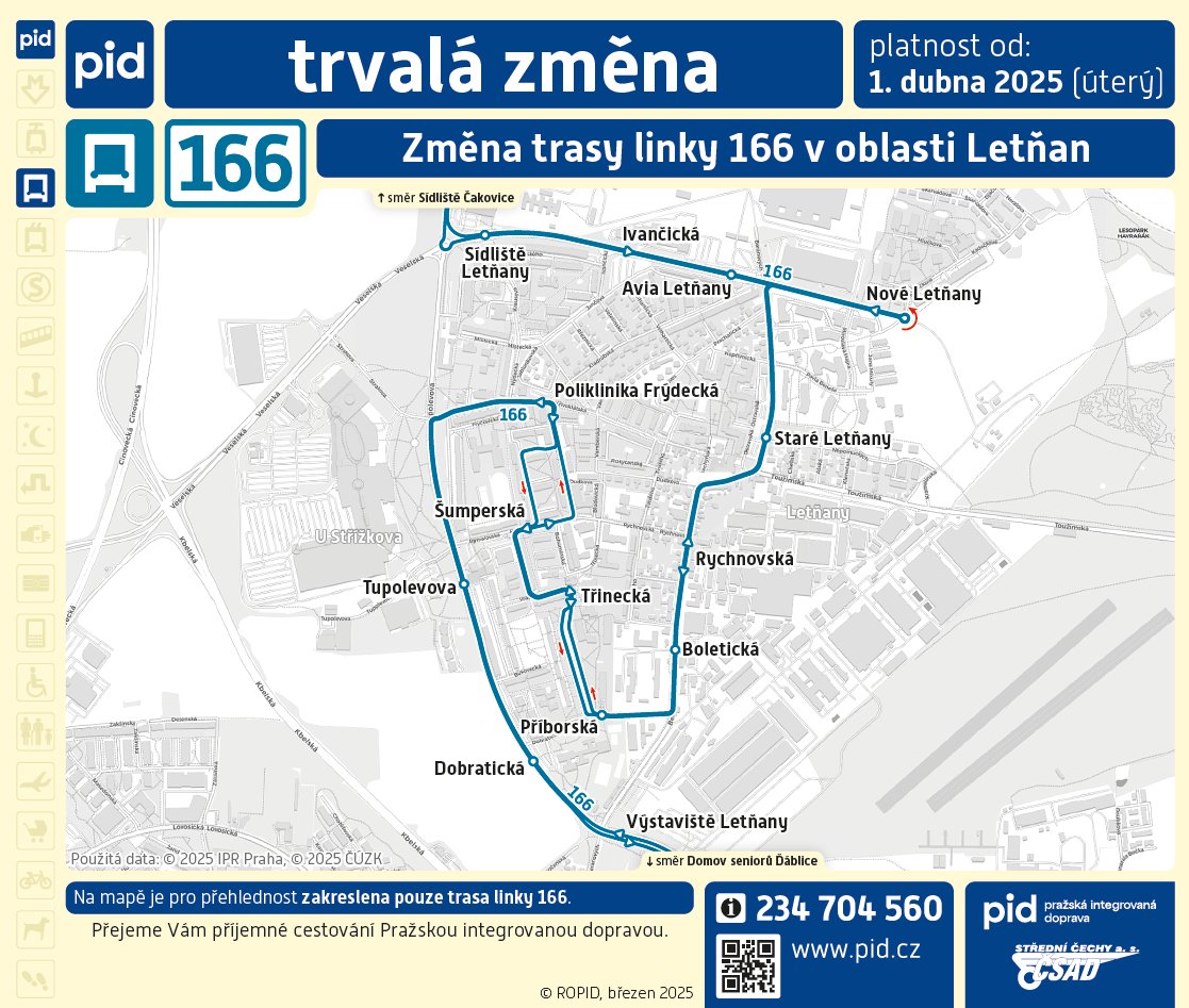 🚏 Skvělá zpráva pro Letňany! Od 1. 4. 2025 se vrací přímé spojení do Čakovic a linka 166 se rozšíří!

✅ Nově linka obslouží Staré Letňany a Letňanské zahrady
✅ Lepší spojení večer i o víkendech
✅ Provoz od 5:00 do půlnoci

Děkujeme <a href="/PIDoficialni/">PID</a>