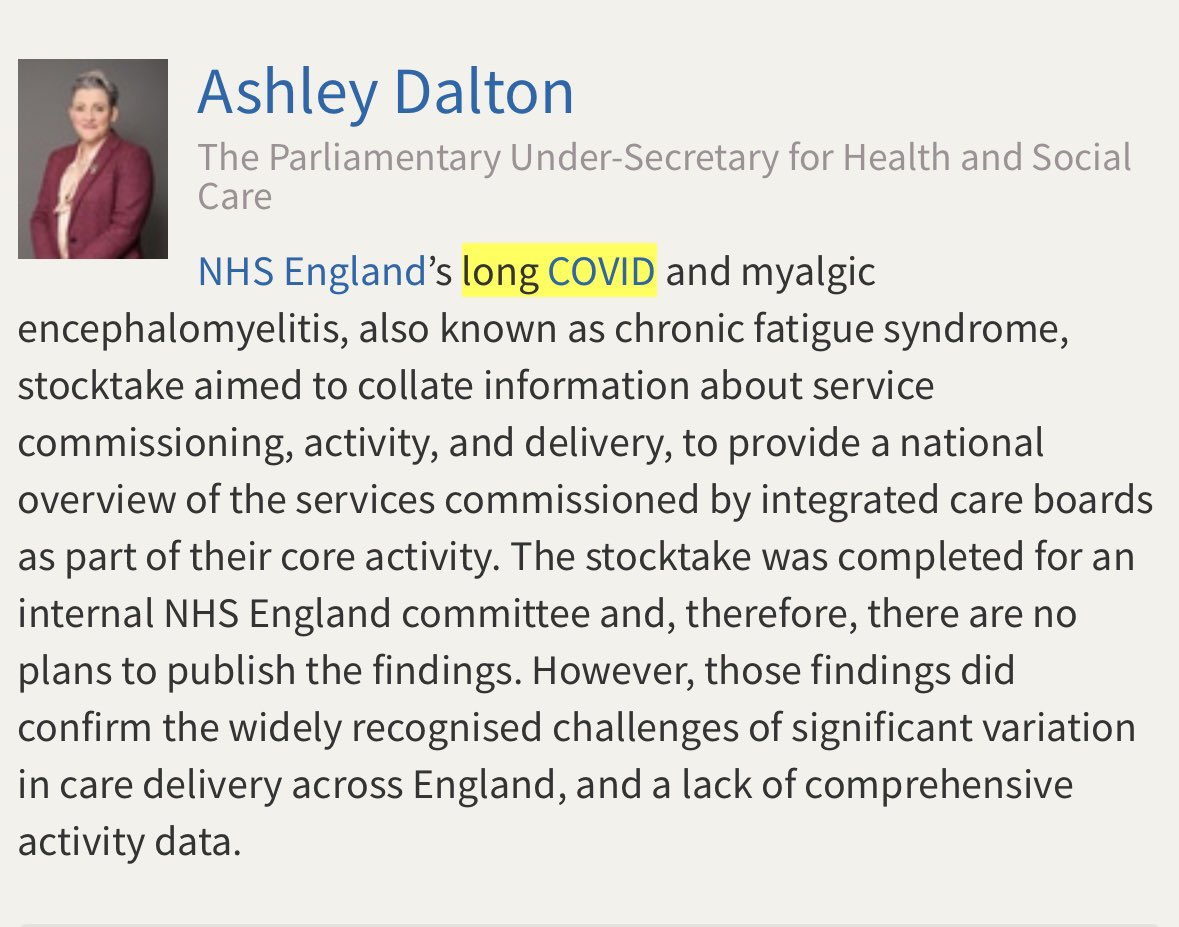 🚨.<a href="/AshleyDalton_MP/">Ashley Dalton MP</a> tells <a href="/JoPlattLeigh/">Jo Platt</a> that their stocktake of NHS #LongCovid services is complete but... 

“THERE ARE NO PLANS TO PUBLISH FINDINGS”!!!

Perhaps Ashley would like to look at our own stocktake - Link below⬇️

⭐️And our full #LongCovidClinics report is out soon!⭐️