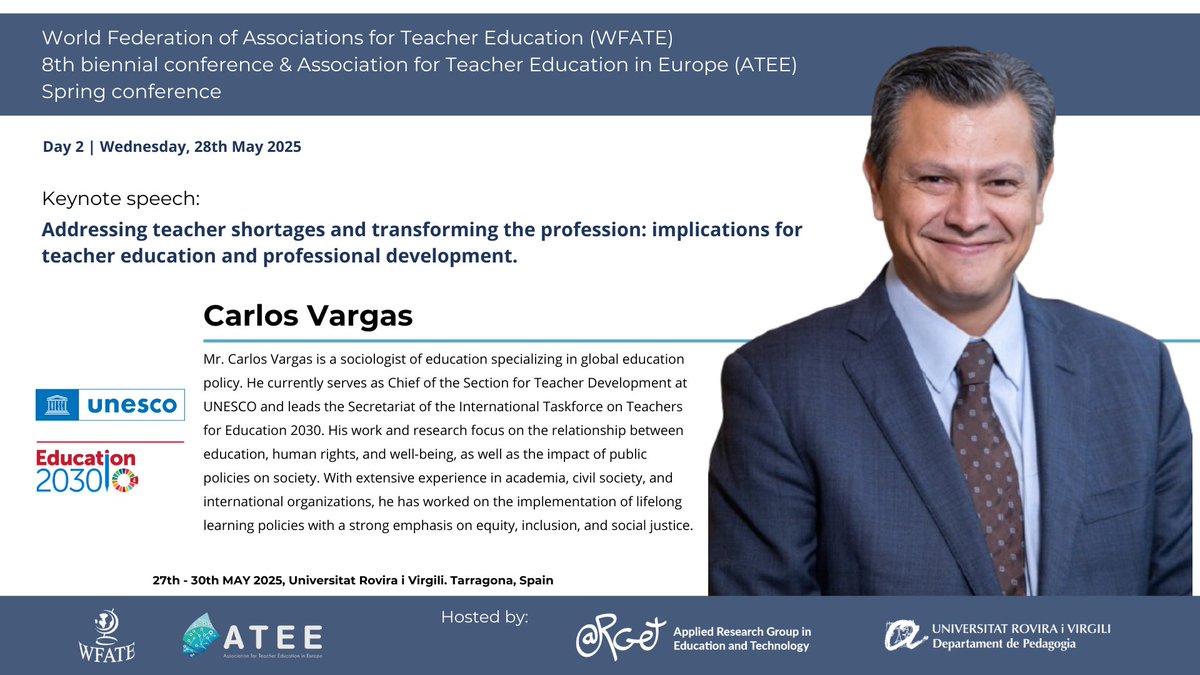 argeturv's tweet photo. 📢We are honoured to welcome Carlos Vargas, Chief of the Section for Teacher Development at @UNESCOEU and Head of the Secretariat of the International Taskforce on Teachers for Education 2030, as a keynote speaker at the #WFATE25 & the @ATEE_Brussels Spring Conference 🎙️ https://t.co/0m6h3Cqy4A