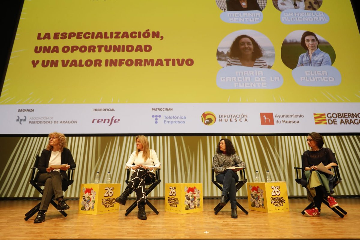 ¡Empieza la segunda jornada de #CongresoHuesca! “La especialización, una oportunidad y un valor informativo”. 
- <a href="/GraziellaAlm/">Graziella Almendral</a>, Pdta. @anis_salud
- María García de la Fuente, Pdta. <a href="/APIA_es/">APIA</a>
- Melania Bentué <a href="/melzbentue/">Melania Bentué</a>, periodista de salud
- <a href="/plumedlucas/">Elisa Plumed</a> vicePdta <a href="/APAE_informa/">APAE</a>