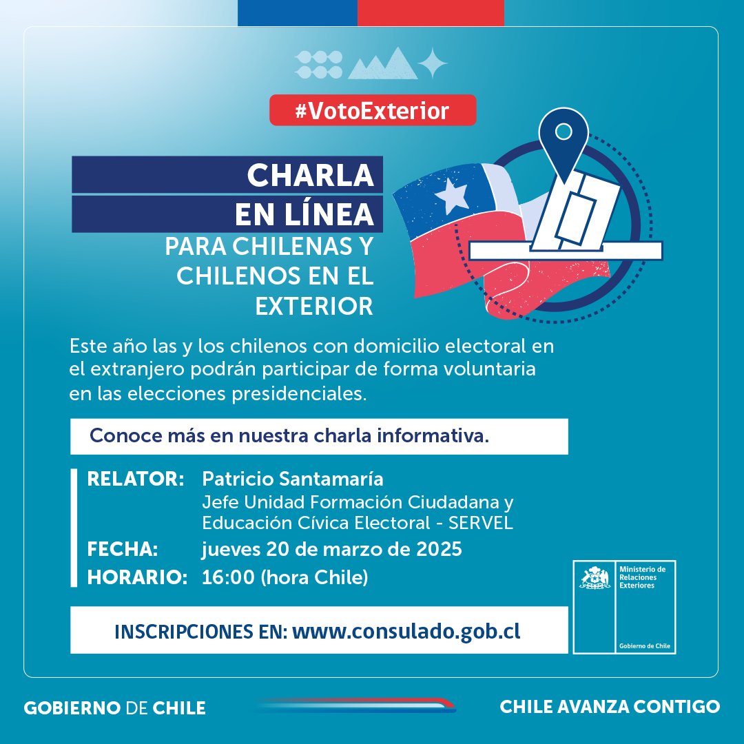 📌¡No te pierdas nuestra próxima charla!  
¿Sabías que las y los chilenos residentes en el extranjero tienen derecho a voto?

👩‍💻Conéctate en línea y conoce todo sobre las #Elecciones2025 🗳️ junto a <a href="/ServelChile/">Servicio Electoral</a> 

Inscríbete aquí 👉 bit.ly/3U5YDlS