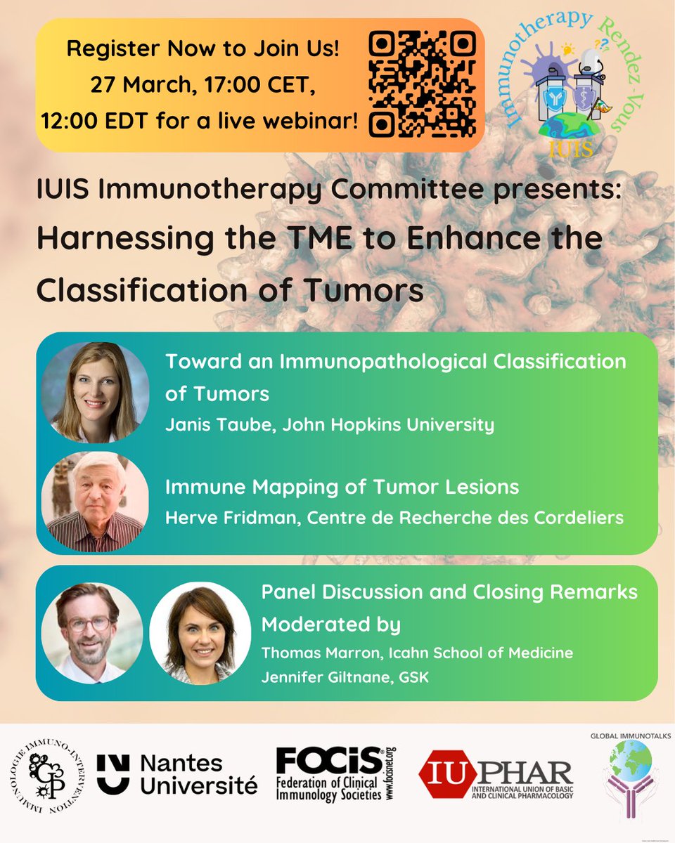 DON'T FORGET to register for IUIS seminar on "Harnessing the TME to Enhance the Classification of Tumors" on March 27th at 17:00 CET! 

Learn more at loom.ly/rto5YE4 Register in advance at loom.ly/pQHeZOo!