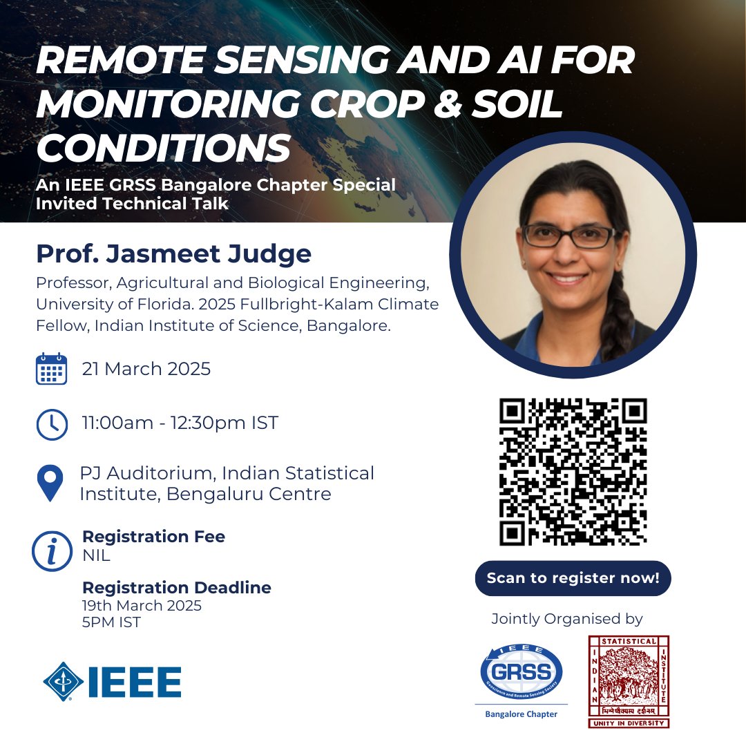 ieeegrss_blr's tweet image. Stellar Technical Talk Incoming!

Along with ISI, Bangalore Centre, we are proud to host Prof. Jasmeet Judge for a special invited technical talk on the 21st March 2025. 

Registration is free but mandatory for this in-person event!

Register now - forms.gle/xmdRT9DzzbjrJD…