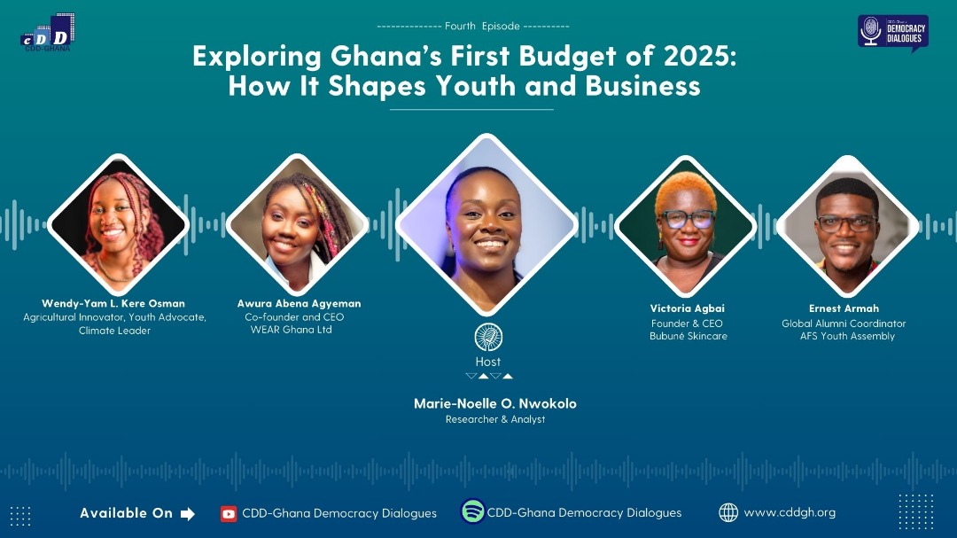 CDD-Ghana (@cddgha) on Twitter photo On March 11, 2025, Finance Minister, Dr. <a href="/Cassielforson/">Cassiel Ato Forson (PhD)</a> read the first budget of the H. E. <a href="/JDMahama/">John Dramani Mahama</a> administration, themed "Resetting Ghana for the Economy We Want."
In our latest podcast, we explore "Ghana’s First Budget of 2025: How It Shapes Youth and Business."
Our On March 11, 2025, Finance Minister, Dr. <a href="/Cassielforson/">Cassiel Ato Forson (PhD)</a> read the first budget of the H. E. <a href="/JDMahama/">John Dramani Mahama</a> administration, themed "Resetting Ghana for the Economy We Want."
In our latest podcast, we explore "Ghana’s First Budget of 2025: How It Shapes Youth and Business."
Our