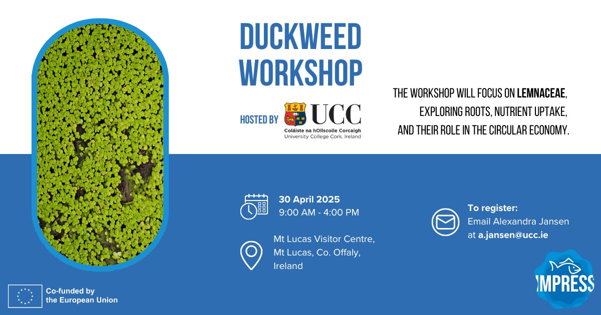 IMPRESS EU (@impress_eu) on Twitter photo Join us on April 30 for a #workshop hosted by #Impress partner <a href="/UCC/">UCC Ireland</a>, exploring duckweed's roots, nutrient uptake, and its role in the #CircularEconomy.
Only 30 spots available - Register today!
Supported by DAFM, FWO, and the EU (IMPRESS).
#HorizonEurope #ResearchImpactEU Join us on April 30 for a #workshop hosted by #Impress partner <a href="/UCC/">UCC Ireland</a>, exploring duckweed's roots, nutrient uptake, and its role in the #CircularEconomy.
Only 30 spots available - Register today!
Supported by DAFM, FWO, and the EU (IMPRESS).
#HorizonEurope #ResearchImpactEU
