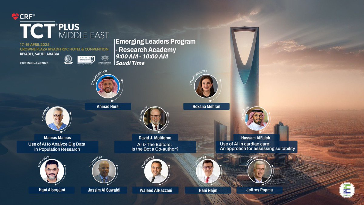 The 🎓Research Academy🎓 brings leading scientists &amp; editors to the ELP “AI &amp; Research”

#ProfHersi <a href="/Drroxmehran/">Dr Roxana Mehran</a> <a href="/mmamas1973/">Mamas A. Mamas</a> <a href="/halfaleh/">Hussam Alfaleh</a> #DavidMoliterno <a href="/Dr_HaniNajm/">DR. Hani Najm</a> #JeffPopma @AlhazzaniW  #HaniSergani <a href="/jassimalsuwaidi/">🇶🇦 Jassim Al Suwaidi MD</a> 

Opportunity to network open to all  <a href="/JACCJournals/">JACC Journals</a> <a href="/SaudiMedJ/">Saudi Medical Journal</a>