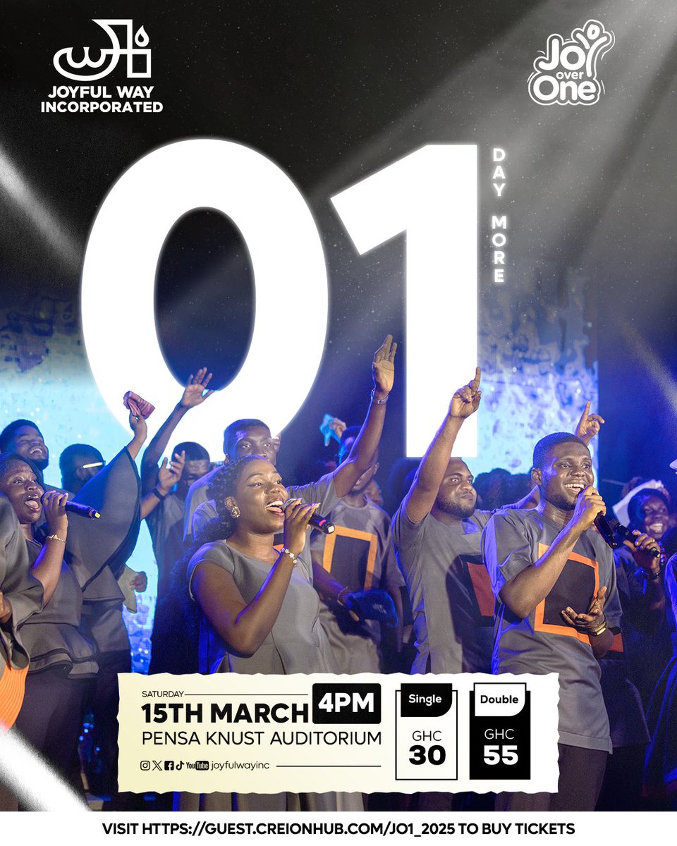 joyfulwayinc's tweet photo. ONE DAY TO GO!

Just one day to go! We can’t wait for all that God has in store—come expectant! 🙌🏾

Still don’t have your ticket? Time’s running out ⏳—grab yours now! 🎟️

🗓 15th March 2025
📍 PENSA KNUST Auditorium
🎟 Tickets: https://t.co/OvS6dOMRWt

#JoyOverOne
#JesusMyLight https://t.co/XdIELlays7