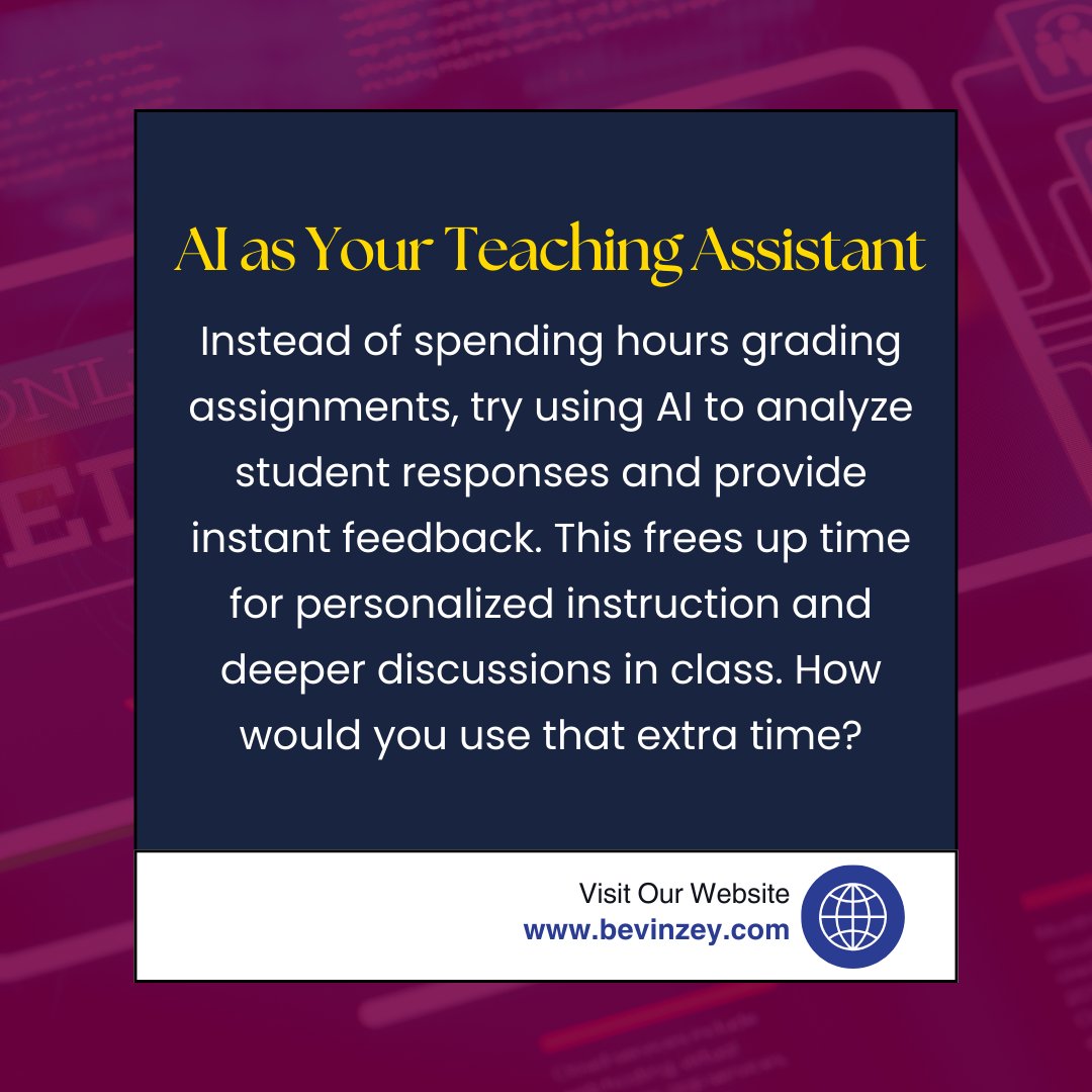 bevinzey's tweet image. AI can grade assignments in seconds!
That means more time for personalized teaching, deeper discussions, and creative lessons.
💡 If AI saved you grading time, how would you use it? Drop your thoughts in the comments! ⬇️
#EdTech #AIinEducation #SmartTeaching #FutureOfLearning…