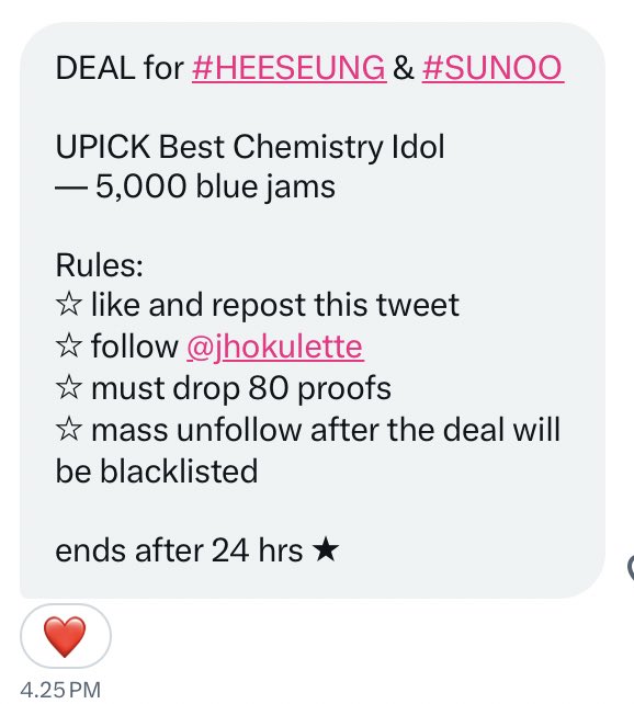 vibeswithenha's tweet image. DEAL for #HEESEUNG &amp;amp; #SUNOO

UPICK Best Chemistry Idol 
— 5,000 blue jams

Rules:
☆ like and repost this tweet
☆ follow @jhokulette
☆ must drop 80 proofs
☆ mass unfollow after the deal will be blacklisted

ends after 24 hrs ★