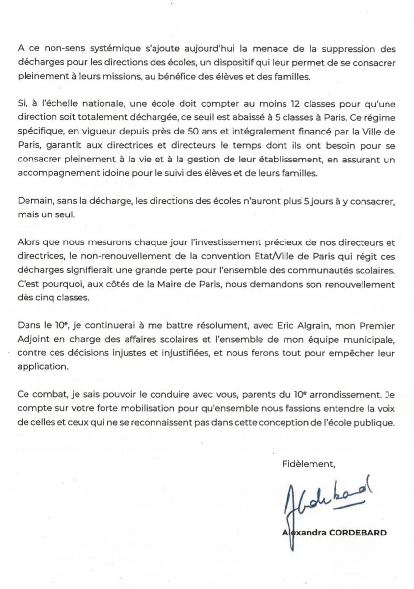 ACORDEBARD's tweet image. ✉️ Décharges de classes des directions, fermetures de classes : mon courrier aux parents d’élèves des écoles publiques de #Paris10 ⤵️