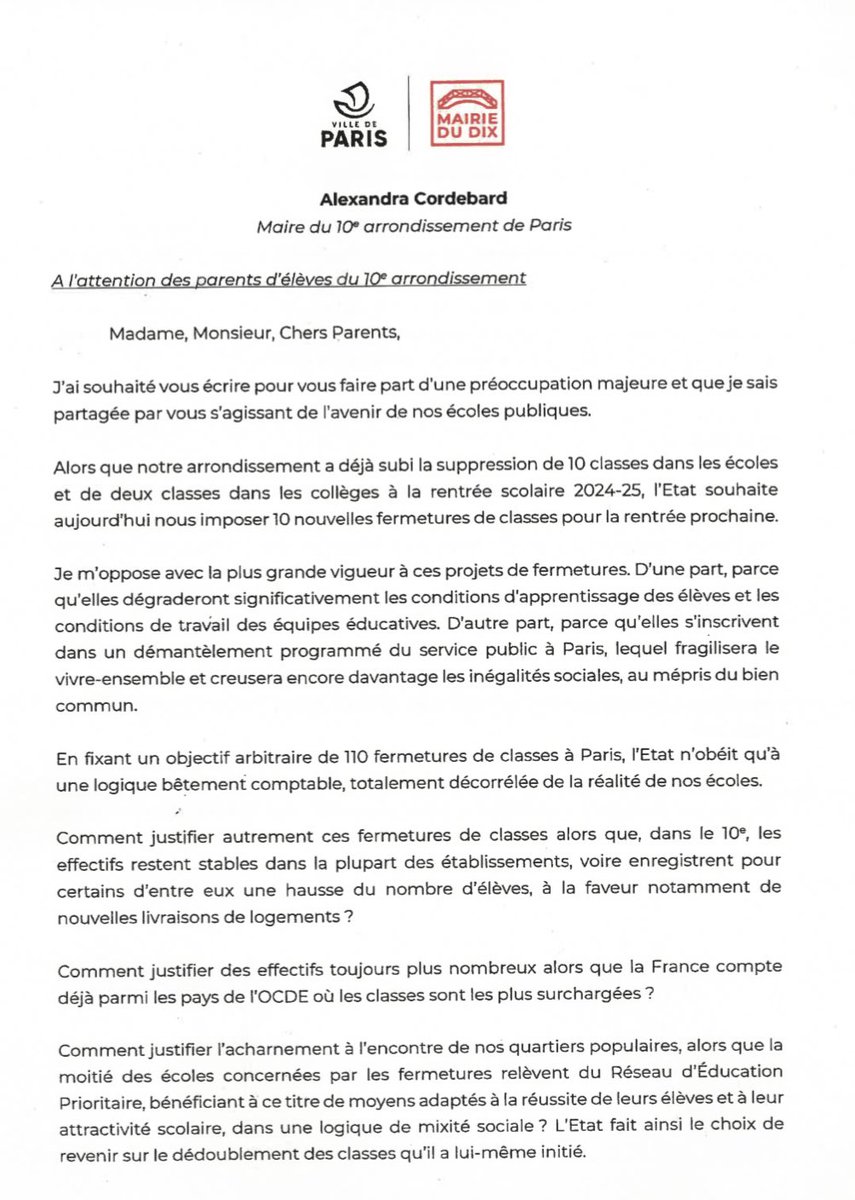 ACORDEBARD's tweet image. ✉️ Décharges de classes des directions, fermetures de classes : mon courrier aux parents d’élèves des écoles publiques de #Paris10 ⤵️