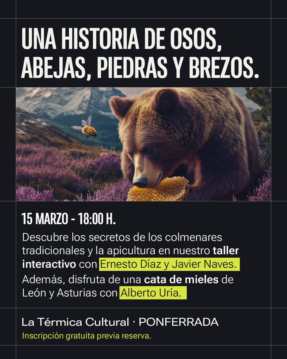 ¿Tienes plan para mañana por la tarde? Si te apetece hablar de #osos, #abejas y #cortinos, mientras pruebas miel de alta montaña, acércate a @latermicacultural en #Ponferrada. <a href="/ErnestodMartin/">Ernesto Díaz</a> @elpaisdelabeyeiro
Inscríbete en latermicacultural.es/agenda/osos-ab…
😃