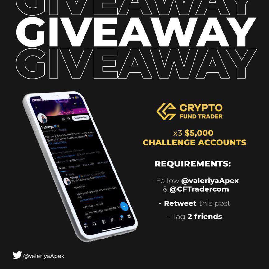 ValeriyBreakout's tweet image. 🔥 GIVEAWAY ALERT! 🔥

I’m teaming up with Crypto Fund Trader to give away 3 x $5,000 Challenge Accounts! 🚀

How to enter:
👍 Retweet pinned post
✅ Follow @ValeriyaApex &amp;amp; @CFTradercom
🔄 Retweet this post
👥 Tag 2 friends in the comments

Winners will be announced next week!…