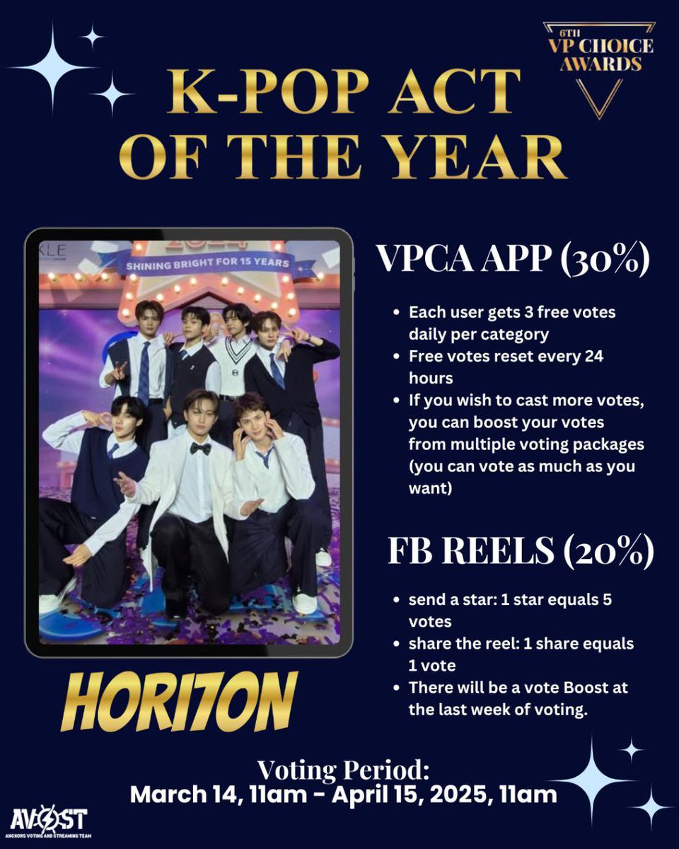 ANCHORS VOTING AND STREAMING TEAM (@h7navastofc) on Twitter photo Heads Up, Anchors! The 6th VP Choice Awards voting period is here! Let’s make sure to support and vote HORI7ON and the BRANDS they worked with in their respective categories
VOTE! VOTE!
🖇️: vpchoiceawards.com/vote/2025/03/w…
play.google.com/store/apps/det…
#HORI7ON #호라이즌
<a href="/HORI7ONofficial/">HORI7ONofficial</a> Heads Up, Anchors! The 6th VP Choice Awards voting period is here! Let’s make sure to support and vote HORI7ON and the BRANDS they worked with in their respective categories
VOTE! VOTE!
🖇️: vpchoiceawards.com/vote/2025/03/w…
play.google.com/store/apps/det…
#HORI7ON #호라이즌
<a href="/HORI7ONofficial/">HORI7ONofficial</a>