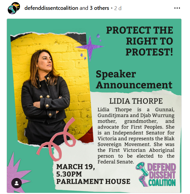 unions4palestin's tweet photo. Come and hear @SenatorThorpe week on March 19 5.30 PM State Library Naarm #ProtecttheRightToProtest https://t.co/lIOtD1r9QG