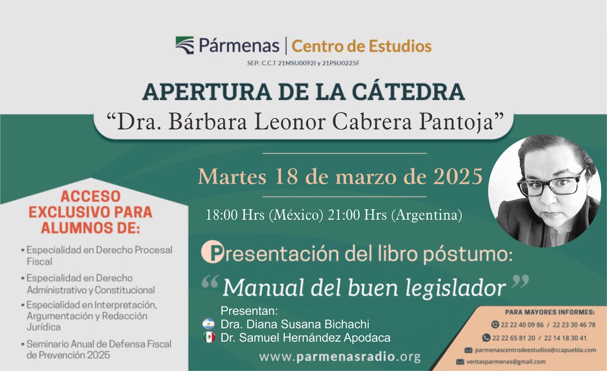 🔑Acompáñenos a la presentación en línea o presencial del libro póstumo de la Dra. Bárbara Leonor Cabrera Pantoja, este martes 18 de marzo a las 18 hrs.

📒MANUAL DEL BUEN LEGISLADOR

👇 Solicita tu acceso en línea
🟢 222 330 4678
📧 parmenascentrodeestudios@ccapuebla.com