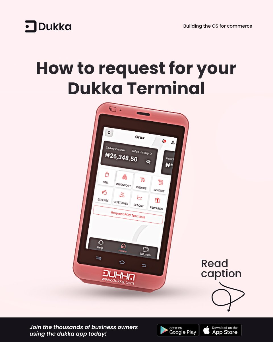 If you're wondering then follow these few steps:

1) Download the dukka app
2) Sign-up and create a Dukka balance
3) Find and click "Request terminal" on the home screen and follow the steps.

send us a DM or visit dukka.com for more .

#dukka #business #weekend