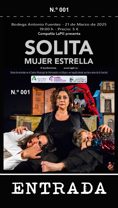 cmujerpuebla's tweet photo. Recordamos que el viernes próximo, 21 de marzo a las 19.00h y en la Bodega Antonio Fuentes, tendrá lugar la Obra "Solita. Mujer Estrella".
Entradas a la venta en el Centro de la Mujer y en Bodega desde una  hora antes de la función¡¡¡¡ https://t.co/ZoTpJKOYIK
