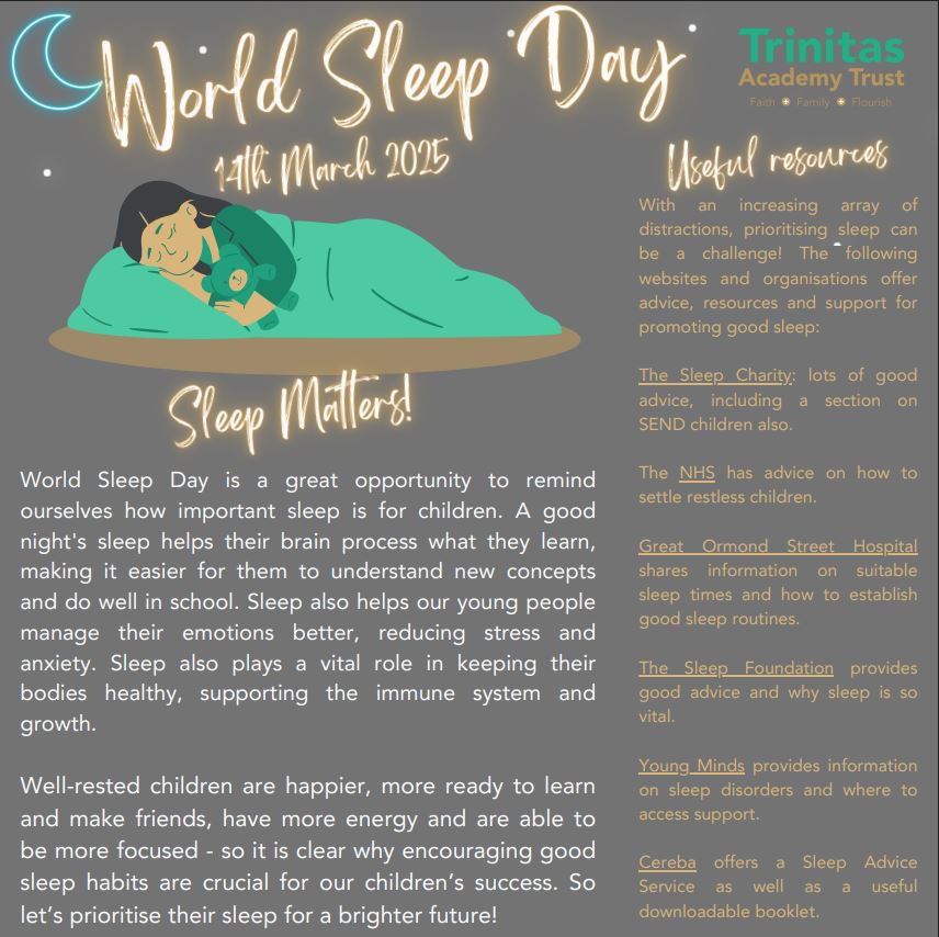 CCESchool's tweet image. World Sleep Day is a global awareness event held annually, this year it is held on Friday 14th March.
Celebrate World Sleep Day 2025 by checking out these helpful links😴christchurch.bexley.sch.uk/news/detail/wo…
#WorldSleepDay #Trinitas #CCE