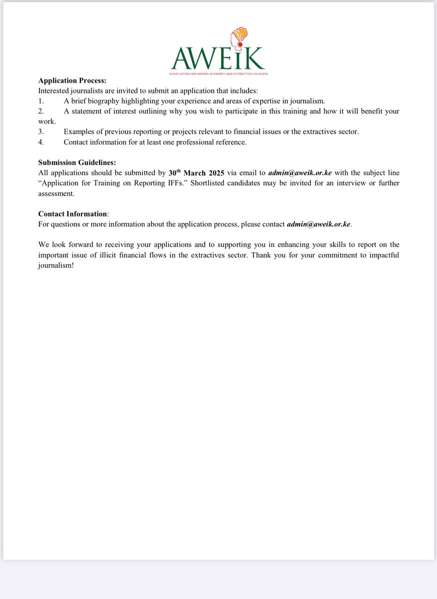 AWEIK (@aweik_ke) on Twitter photo Training on Reporting Illicit Financial Flows in the Extractives sector.
AWEIK & <a href="/IllicitFlows/">Global Financial Integrity</a> invite journalists to apply for a specialized training on IFFs in the extractives sector.
đź“… Deadline: 30th March 2025
đź“© Apply via admin@aweik.or.ke
đź”— aweik.or.ke/vacancies/ Training on Reporting Illicit Financial Flows in the Extractives sector.
AWEIK & <a href="/IllicitFlows/">Global Financial Integrity</a> invite journalists to apply for a specialized training on IFFs in the extractives sector.
đź“… Deadline: 30th March 2025
đź“© Apply via admin@aweik.or.ke
đź”— aweik.or.ke/vacancies/