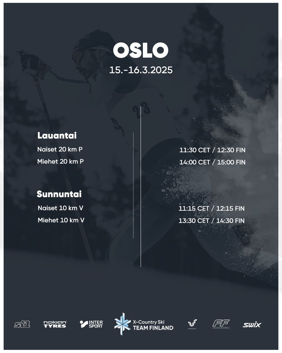 Huomenna mennään taas – vielä jaksaa 💥 Tällä aikataululla viikonloppuun ja Holmenkollenille!

Kisat ovat katsottavissa Viaplaylta 📺

#hiihto