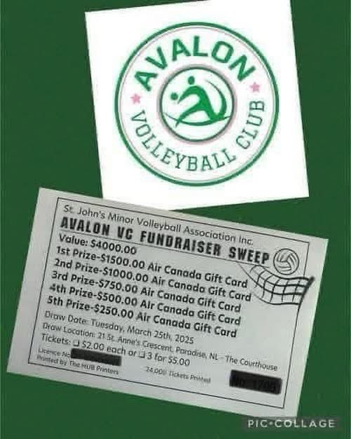 It’s fundraiser time again - our girl Rory is travelling to Fredricton in May for volleyball Nationals with her Avalon Volleyball team. 

Tickets are 2$ each or 3 for $5 - who wouldn’t love to win some flight vouchers?!    

Emt - Megan_smith1984@hotmail.com